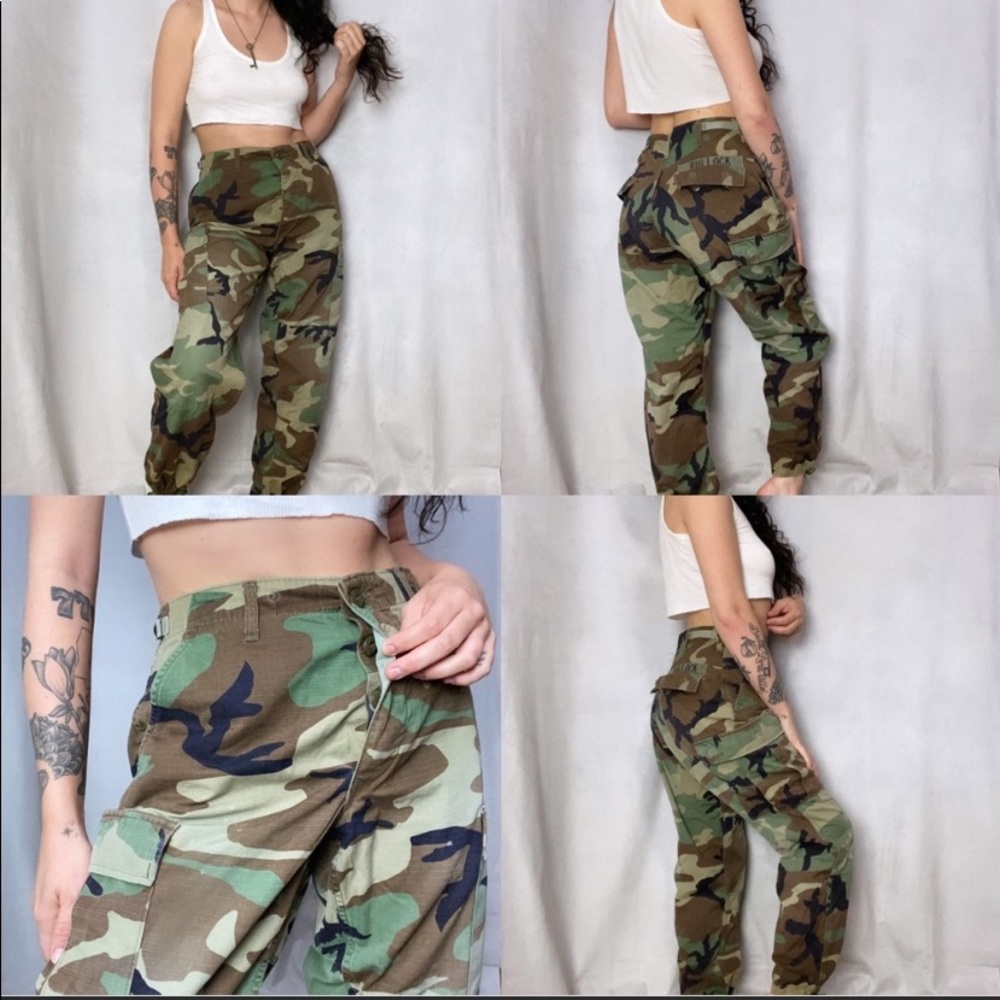 1980s RARE SMALL SHORT HIGH WAISTED BUTTON FLY BDU WOODLAND CAMO MILITARY PANTS